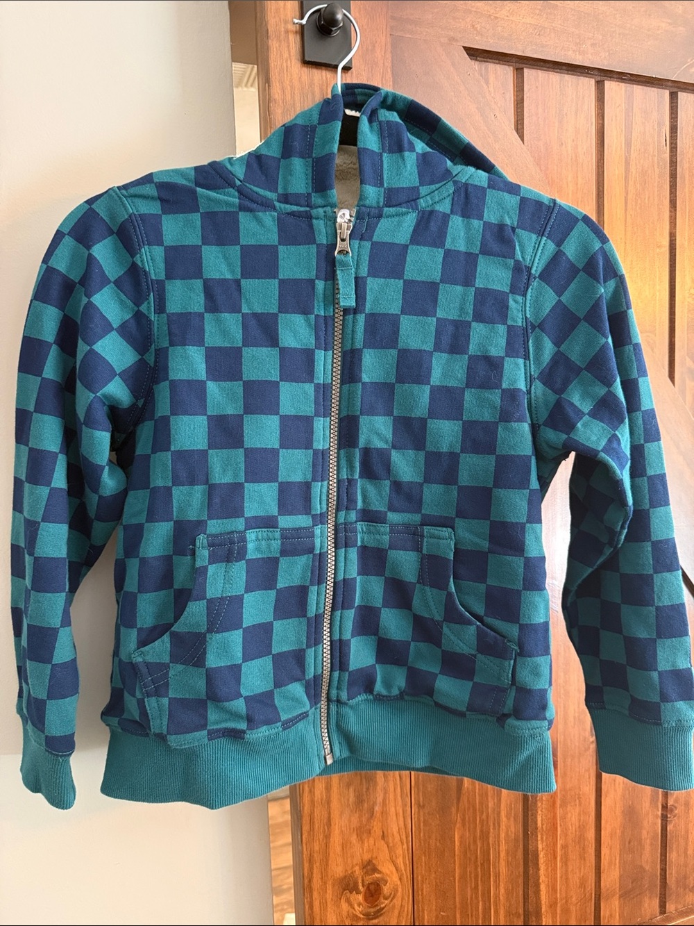 Kids Hannah Anderssen Checkerboard Zip Hoodie - Teal & Navy size 6-7- boy's
